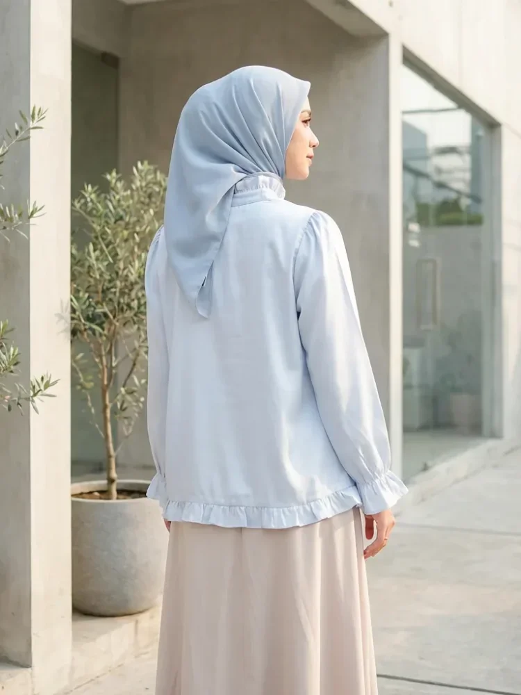 ASAYA Kemeja lengan panjang dengan ruffle polos untuk gadis