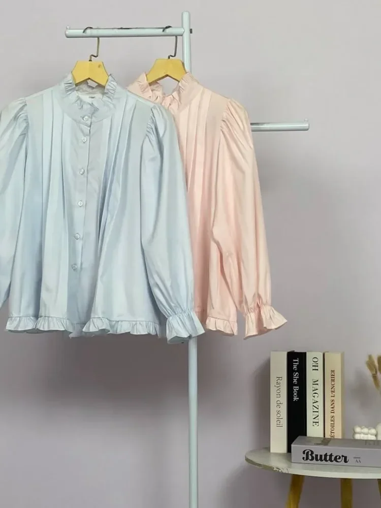 ASAYA Kemeja lengan panjang dengan ruffle polos untuk gadis
