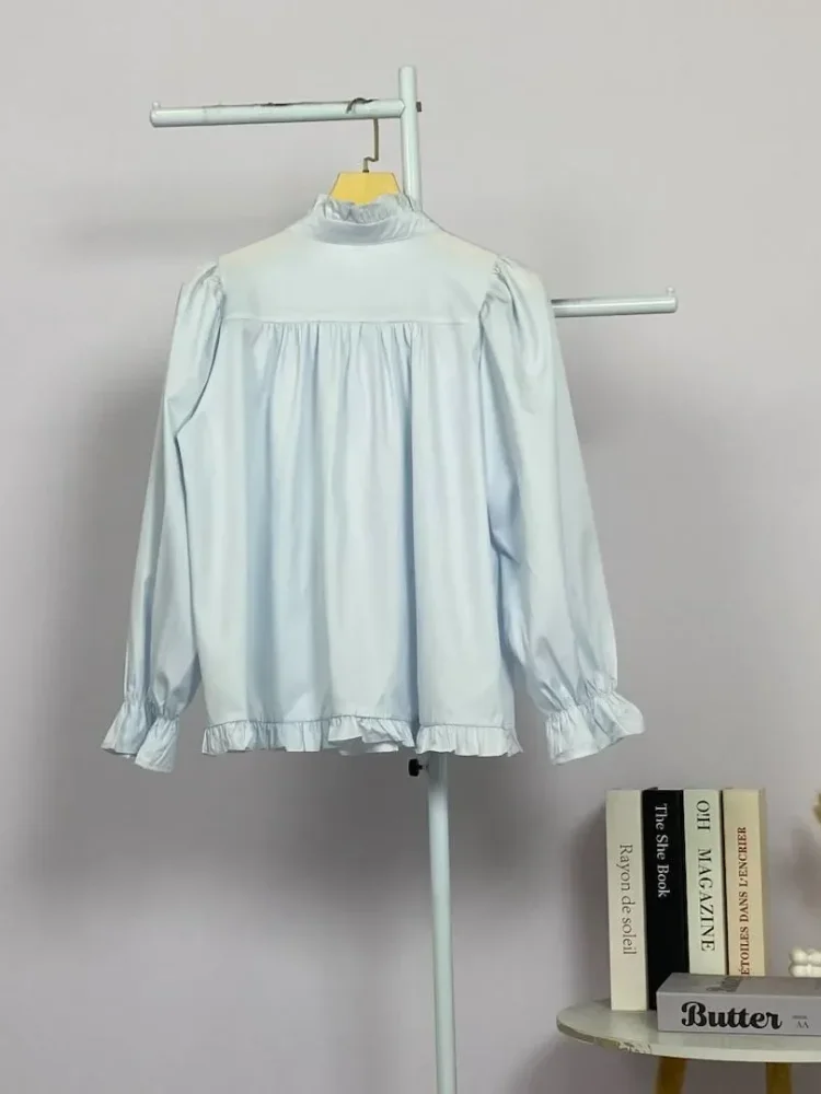 ASAYA Kemeja lengan panjang dengan ruffle polos untuk gadis