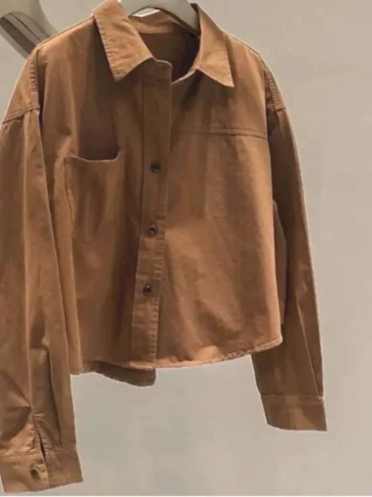 ASAYA Kemeja wanita lengan panjang warna solid kerah polo kasual