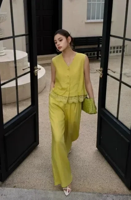 CHICMORE Setelan wanita dua potong rompi gaya korea dan celana panjang