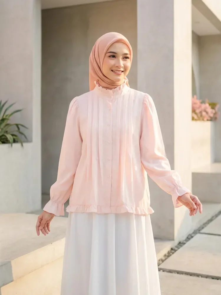 ASAYA Kemeja lengan panjang dengan ruffle polos untuk gadis