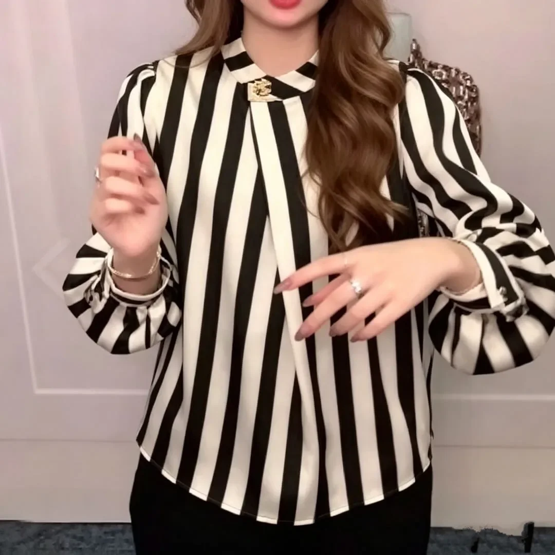 FADFAD Blouse motif bergaris dengan lengan panjang gaya trendi untuk wanita elegant