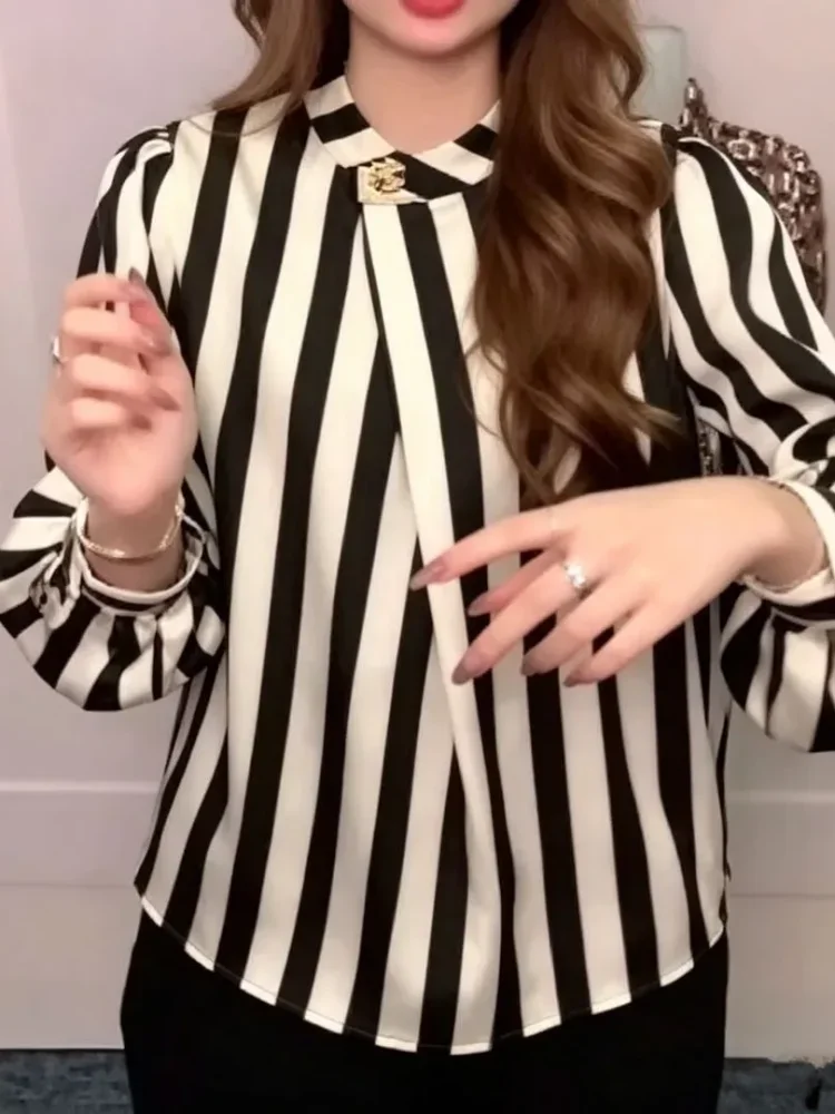 FADFAD Blouse motif bergaris dengan lengan panjang gaya trendi untuk wanita elegant