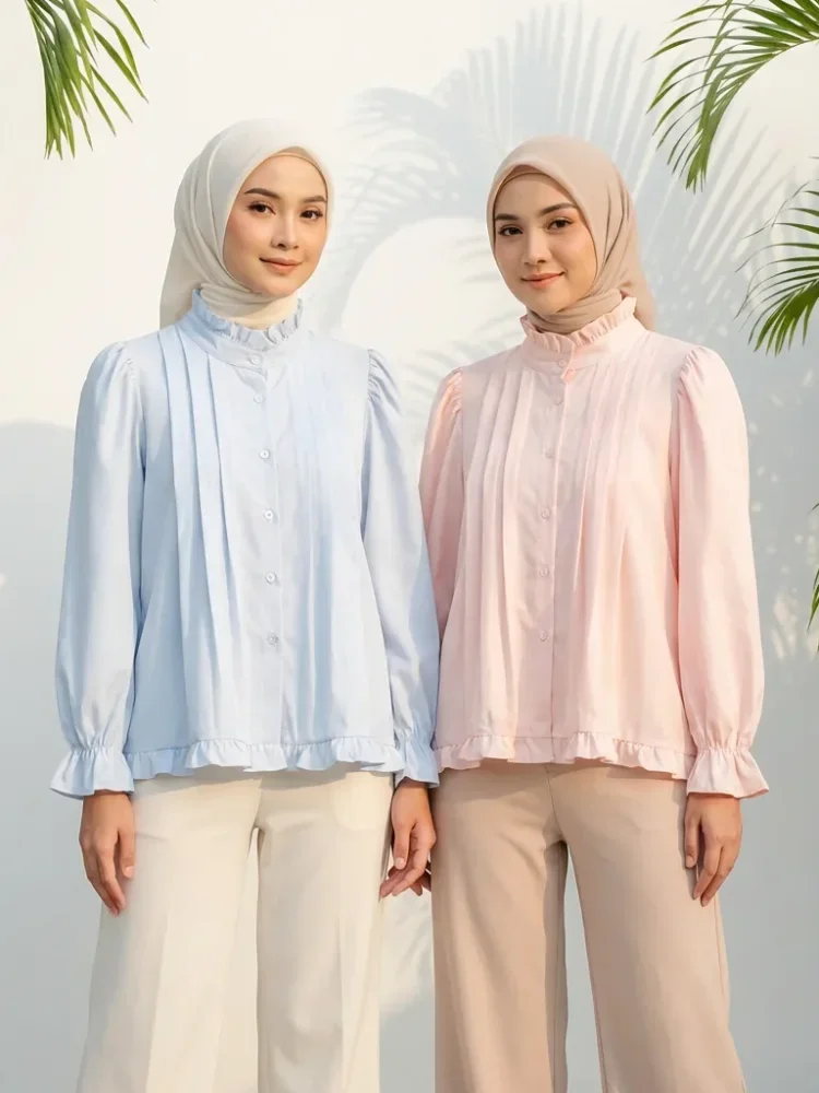 ASAYA Kemeja lengan panjang dengan ruffle polos untuk gadis