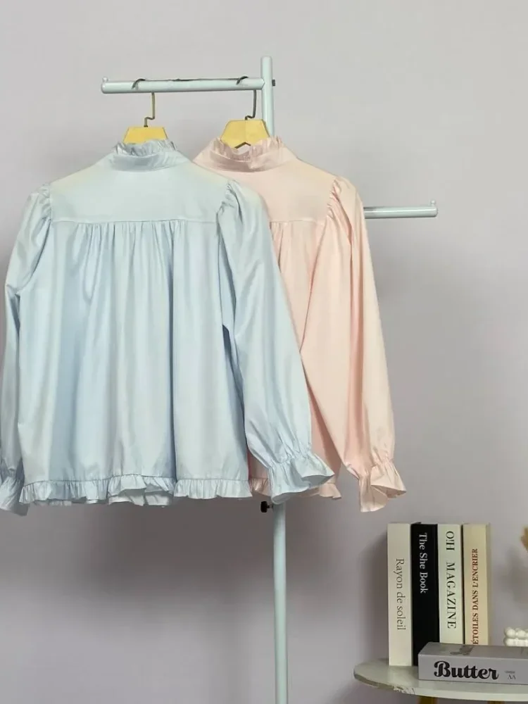 ASAYA Kemeja lengan panjang dengan ruffle polos untuk gadis
