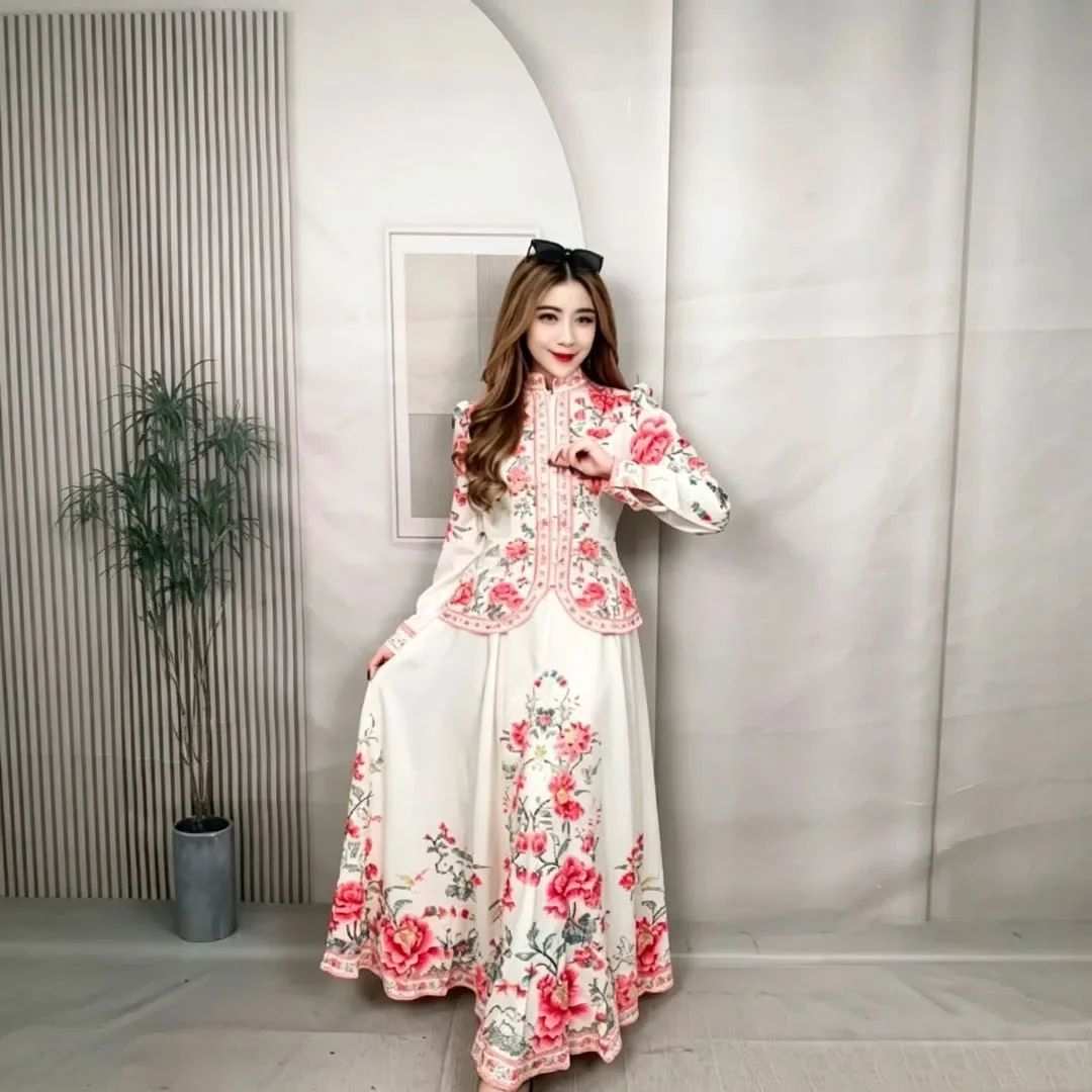 [READY STOCK]FADFAD Setelan dengan atasan lengan panjang dan rok bermotif bunga-bunga gaya baru untuk wanita