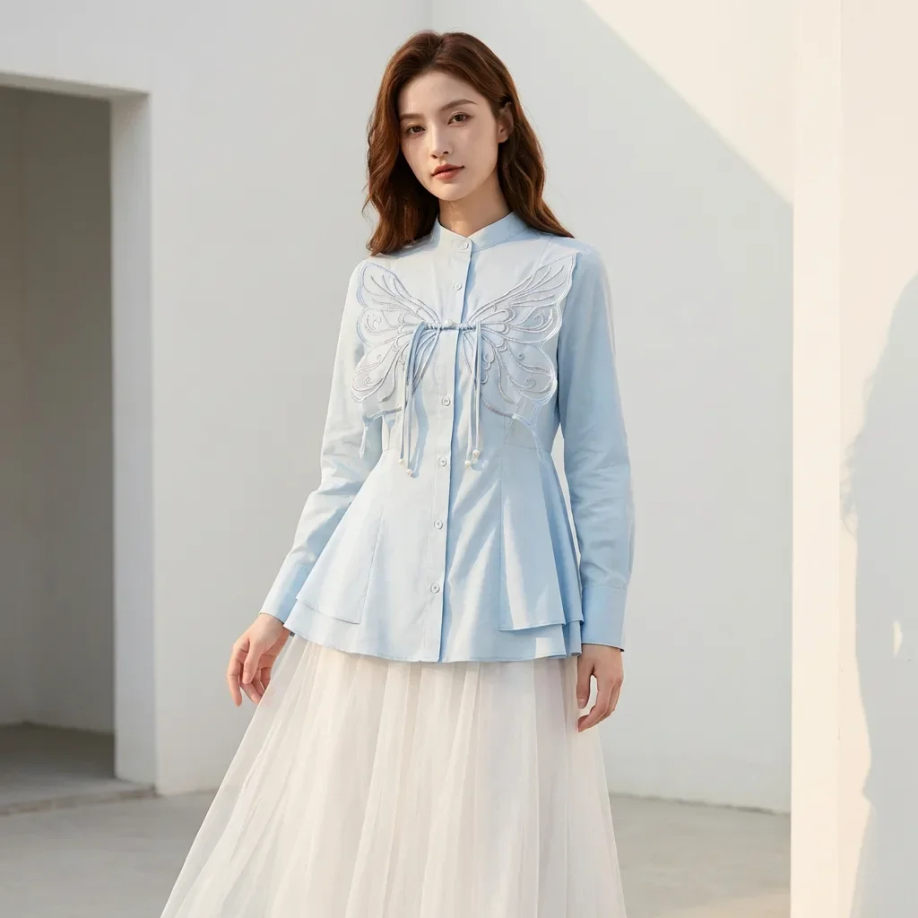 FADFAD Kemeja wanita bordir bunga lengan panjang