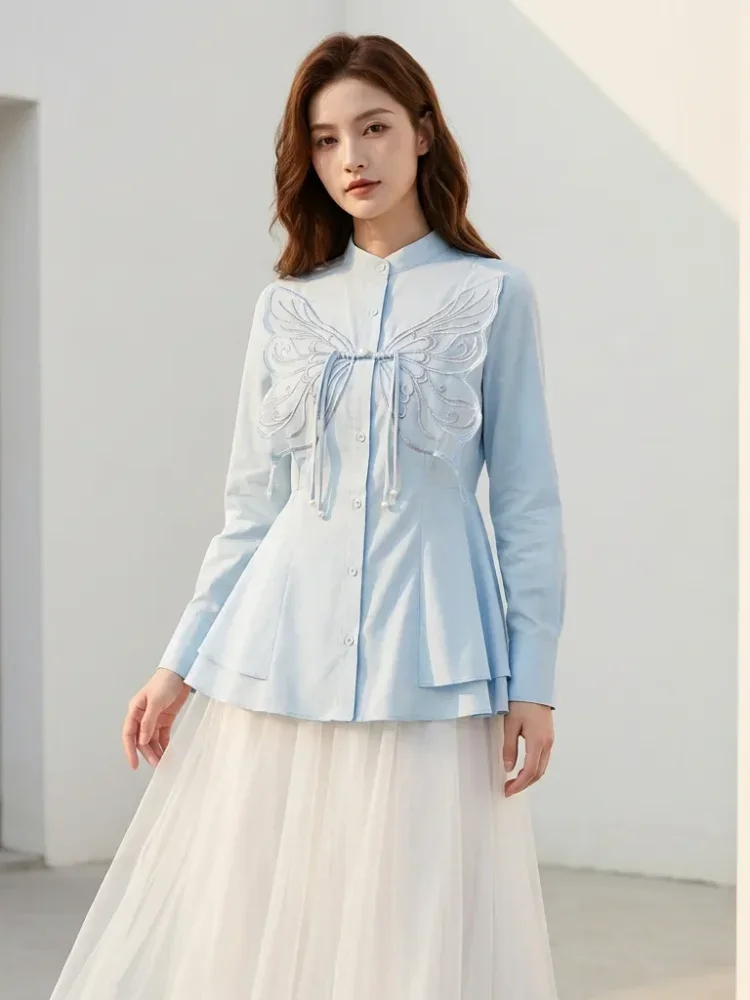 FADFAD Kemeja wanita bordir bunga lengan panjang