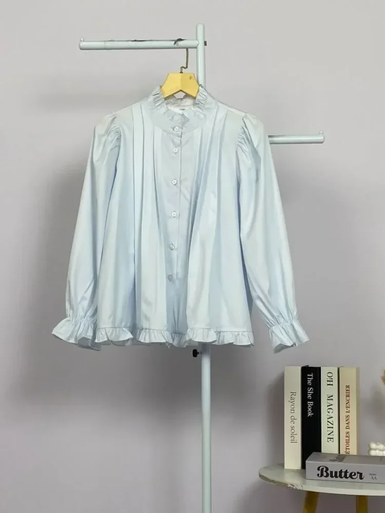 ASAYA Kemeja lengan panjang dengan ruffle polos untuk gadis