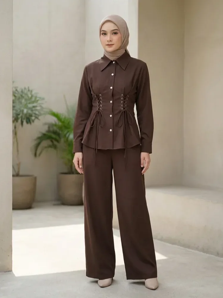 ASAYA Set dua potong atasan dan celana longgar yang modis dan sederhana untuk wanita