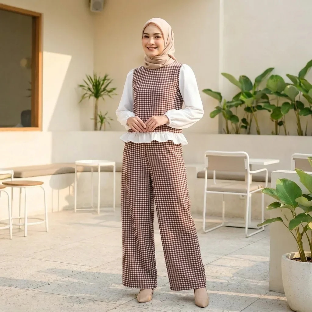 ASAYA Setelan wanita baru dengan efek dua lapis, atasan lengan panjang dengan warna kontras, celana longgar warna polos bergaya kasual