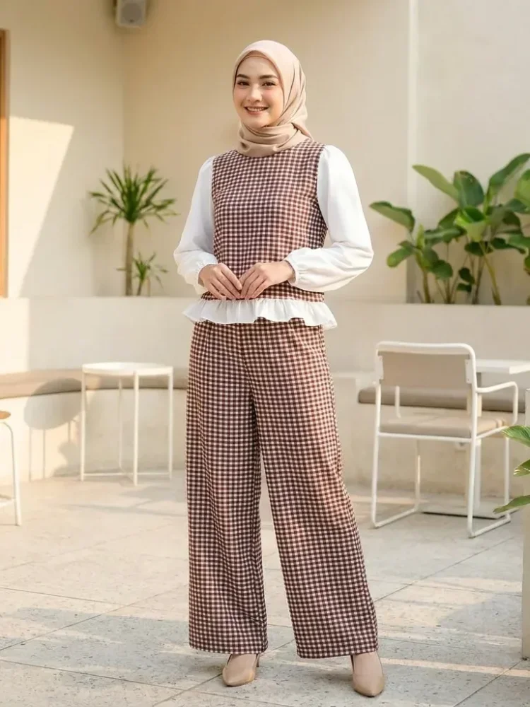 ASAYA Setelan wanita baru dengan efek dua lapis, atasan lengan panjang dengan warna kontras, celana longgar warna polos bergaya kasual