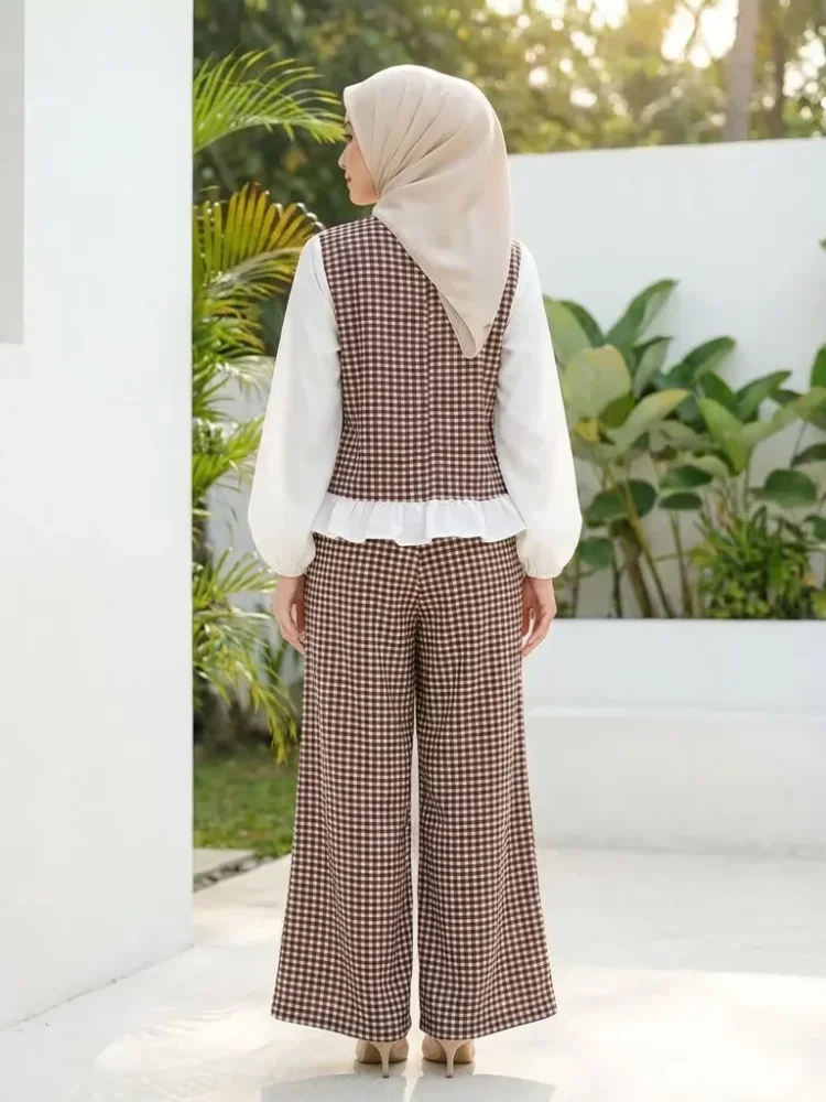 ASAYA Setelan wanita baru dengan efek dua lapis, atasan lengan panjang dengan warna kontras, celana longgar warna polos bergaya kasual