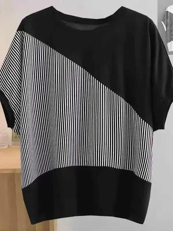 ASAYA Atasan model lengan pendek untuk wanita motif garis garis