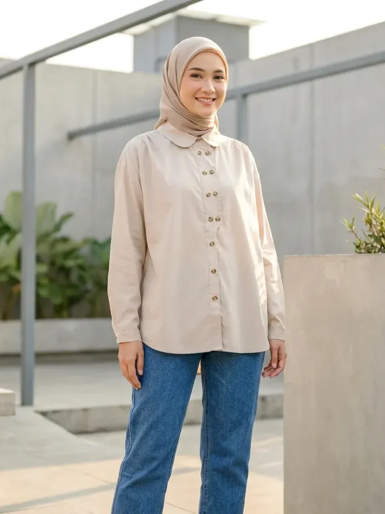 ASAYA Kemeja warna solid dengan kancing unik sebaris dan lengan panjang gaya baru