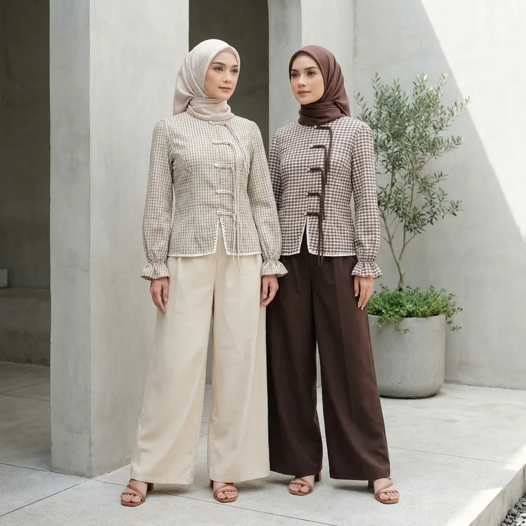 ASAYA Setelan wanita dengan lengan bell dan resleting buatan tangan bergaya minimalis warna solid