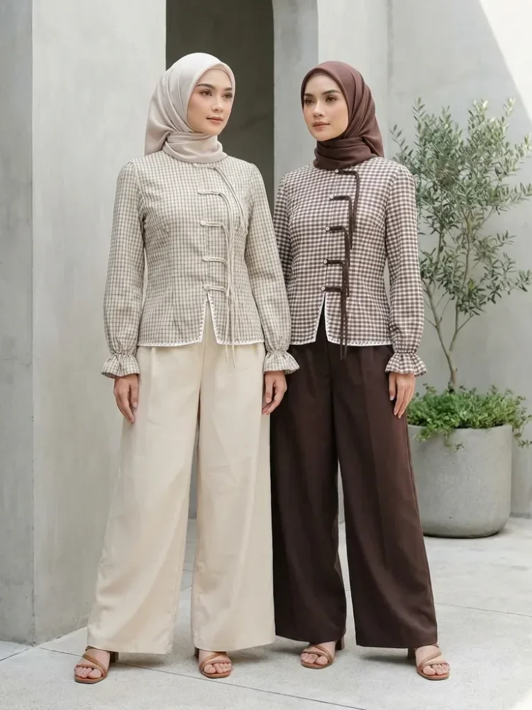 ASAYA Setelan wanita dengan lengan bell dan resleting buatan tangan bergaya minimalis warna solid