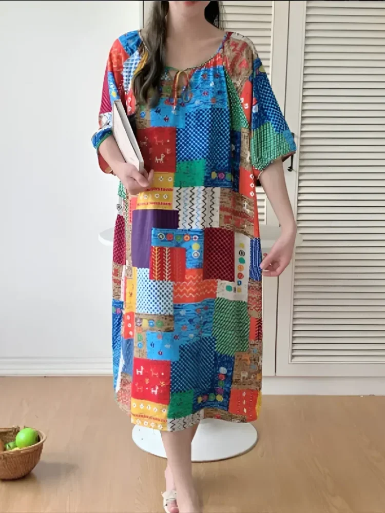 ASAYA Gaun fashion santai stylish motif cetak lengan pendek