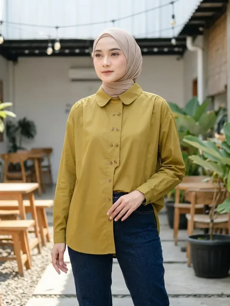 ASAYA Kemeja warna solid dengan kancing unik sebaris dan lengan panjang gaya baru
