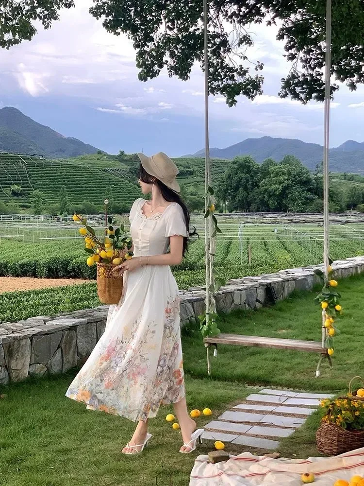 CHICMORE Gaun maxi lengan pendek model puff dengan motif bunga cantik korean style