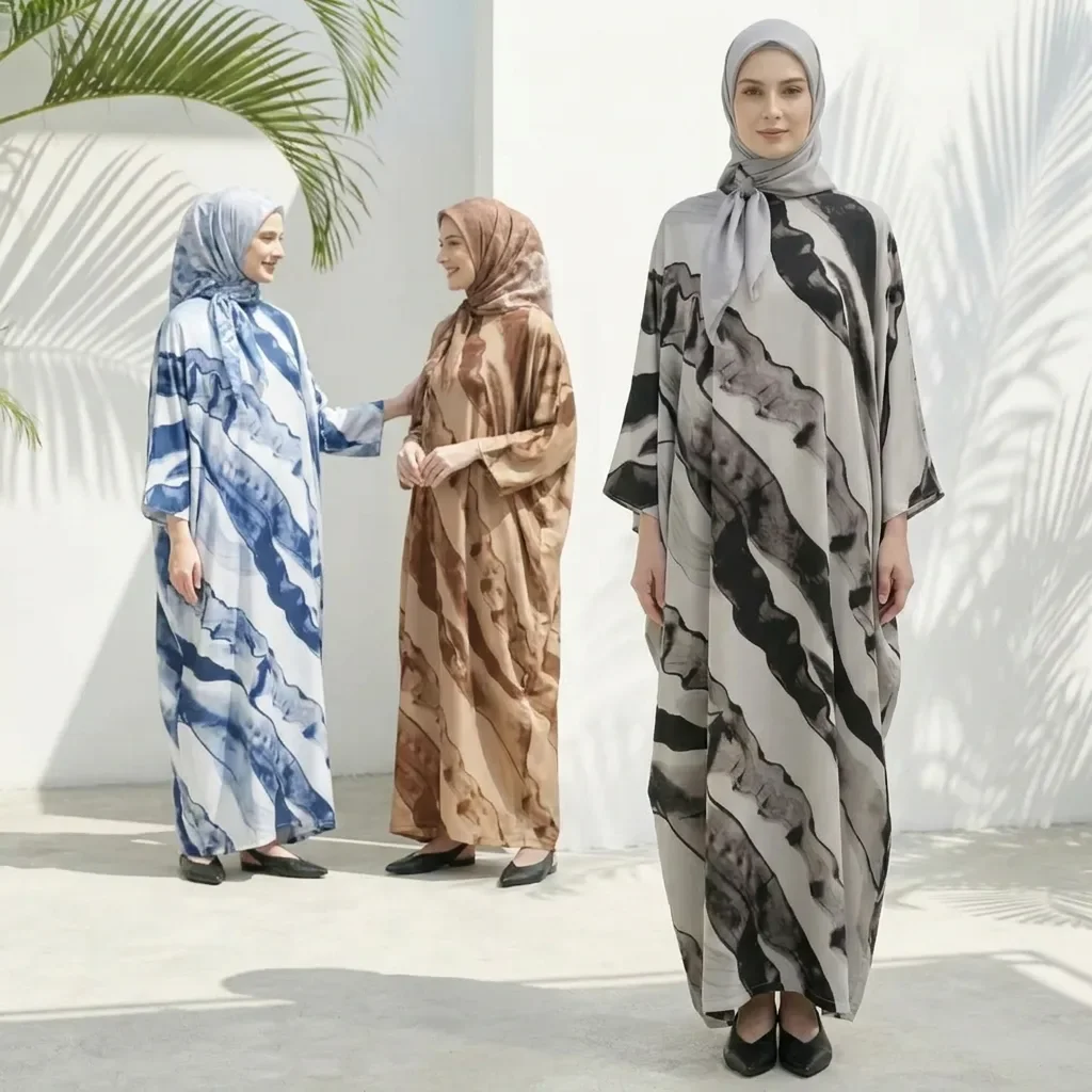 ASAYA Gaun motif cetak baru dengan lengan batwing untuk wanita kelas atas