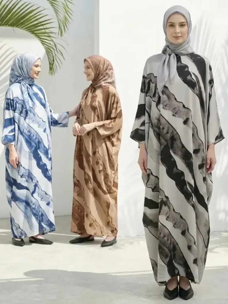 ASAYA Gaun motif cetak baru dengan lengan batwing untuk wanita kelas atas