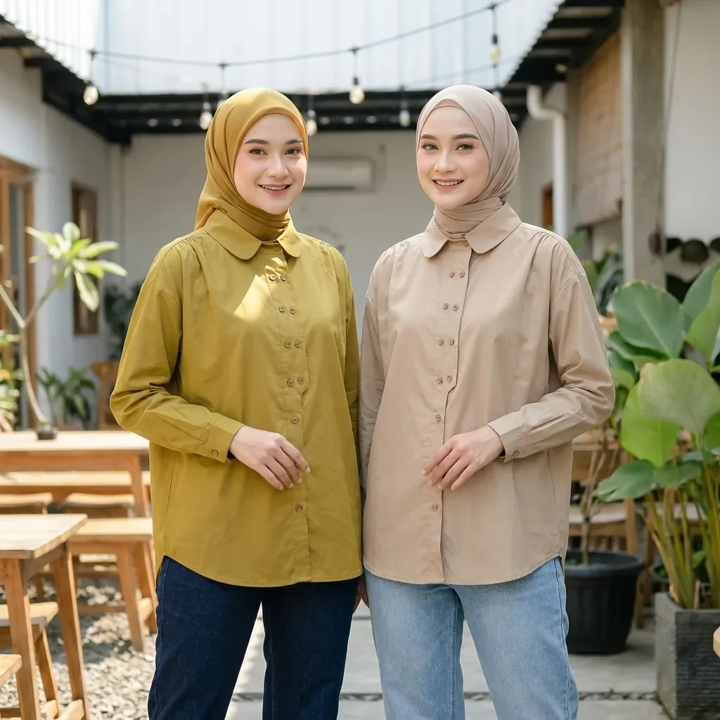 ASAYA Kemeja warna solid dengan kancing unik sebaris dan lengan panjang gaya baru