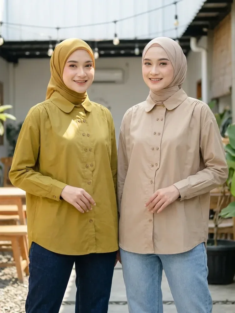 ASAYA Kemeja warna solid dengan kancing unik sebaris dan lengan panjang gaya baru