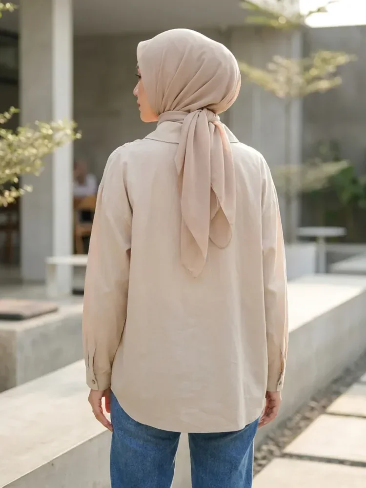 ASAYA Kemeja warna solid dengan kancing unik sebaris dan lengan panjang gaya baru