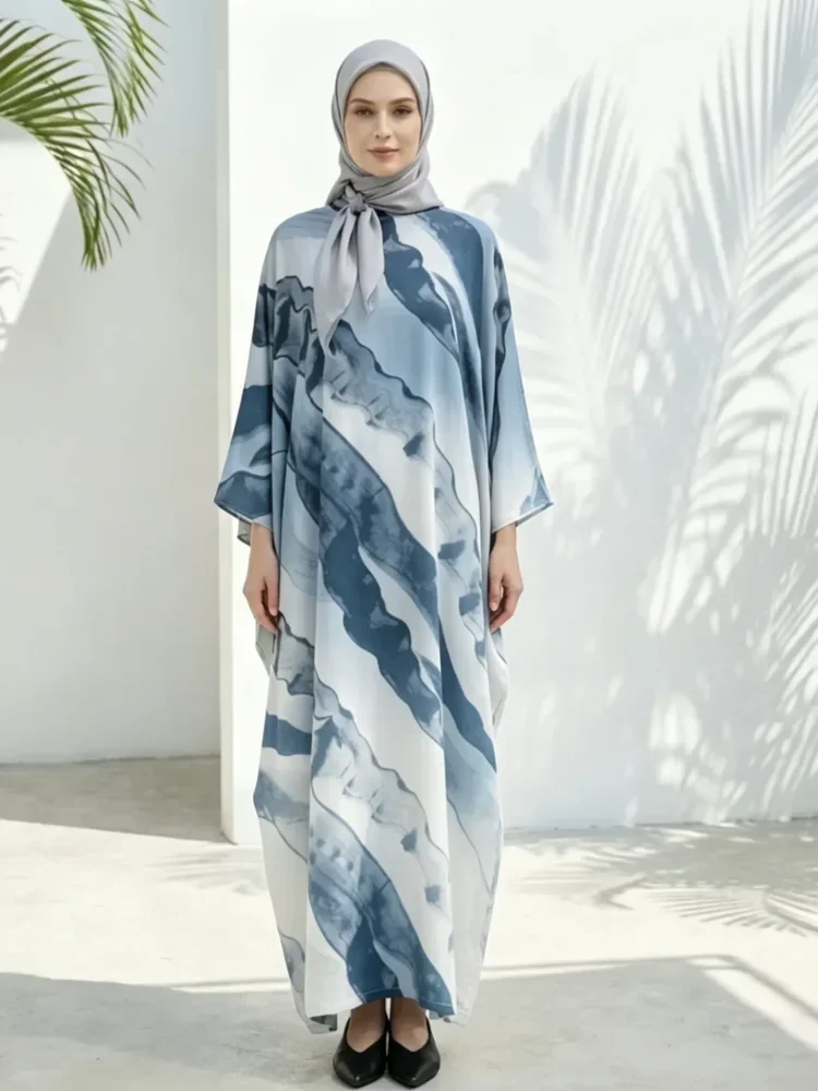 ASAYA Gaun motif cetak baru dengan lengan batwing untuk wanita kelas atas
