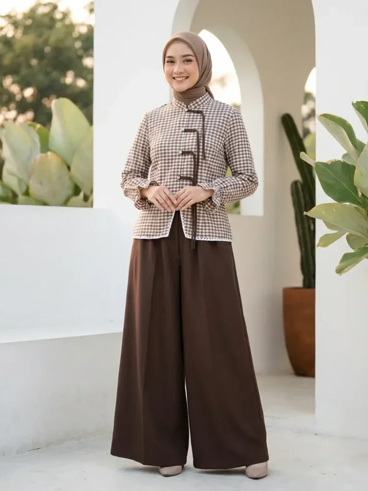 ASAYA Setelan wanita dengan lengan bell dan resleting buatan tangan bergaya minimalis warna solid