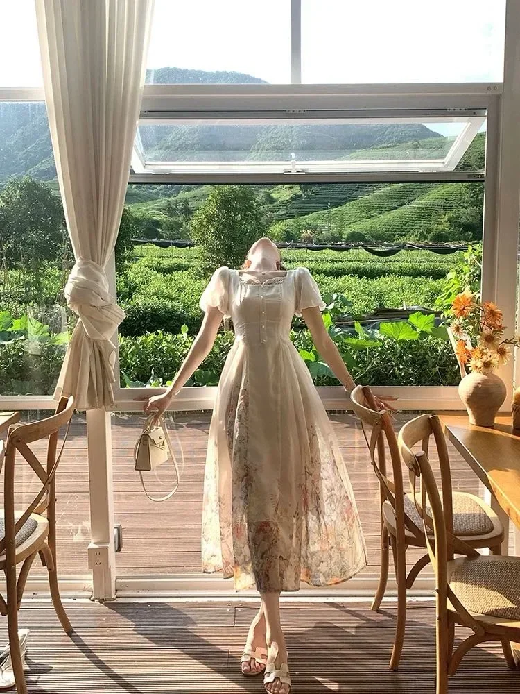 CHICMORE Gaun maxi lengan pendek model puff dengan motif bunga cantik korean style