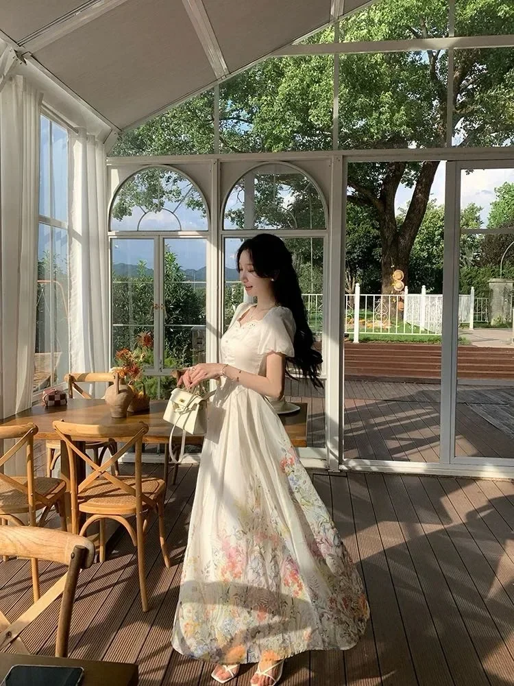 CHICMORE Gaun maxi lengan pendek model puff dengan motif bunga cantik korean style
