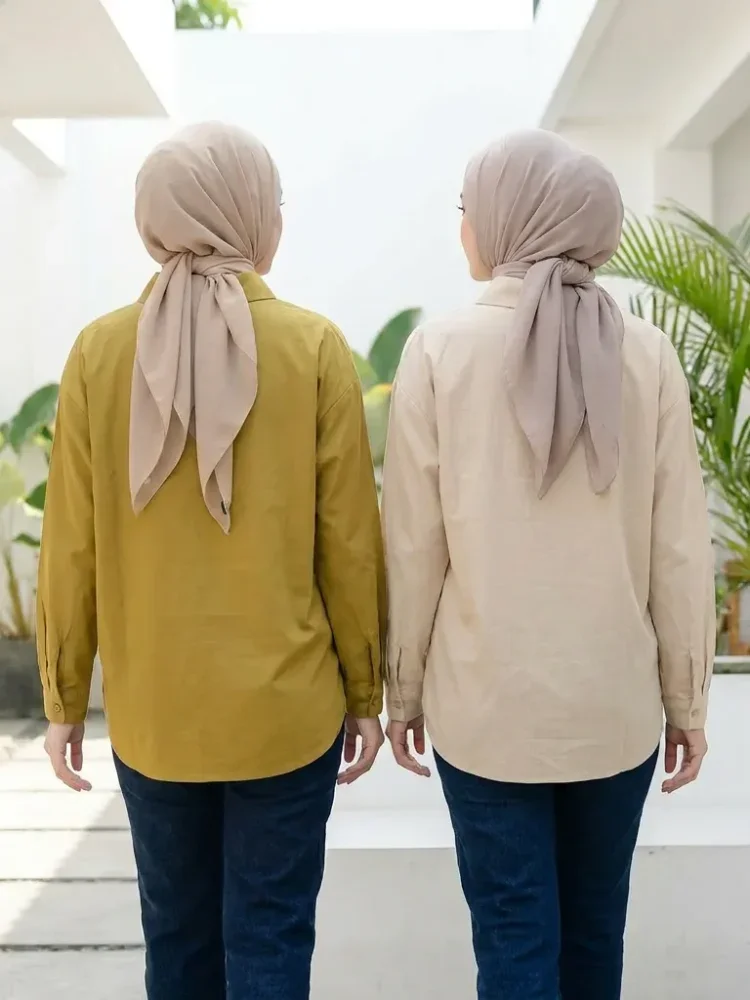 ASAYA Kemeja warna solid dengan kancing unik sebaris dan lengan panjang gaya baru