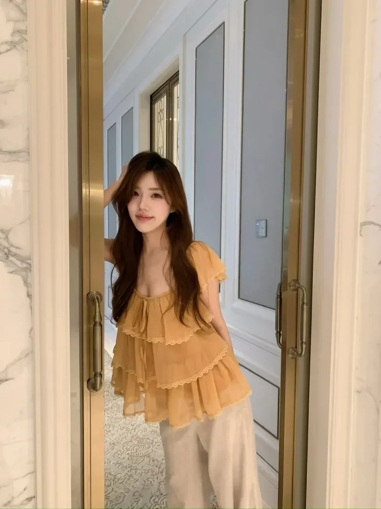 CHICMORE Blouse korean style lengan pendek kerah bulat gaya kekinian baru