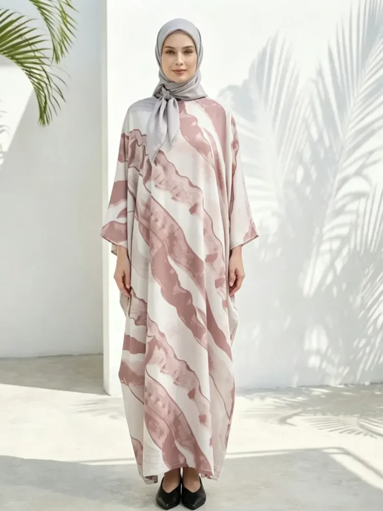 ASAYA Gaun motif cetak baru dengan lengan batwing untuk wanita kelas atas