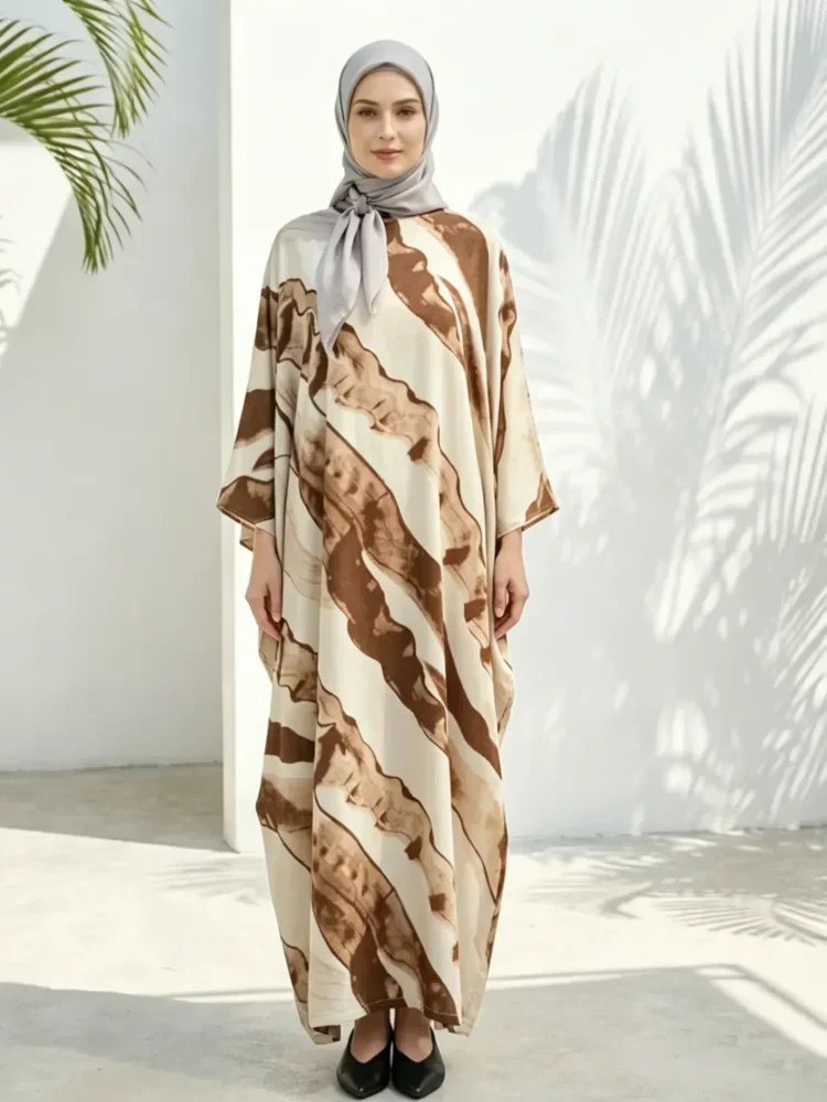 ASAYA Gaun motif cetak baru dengan lengan batwing untuk wanita kelas atas