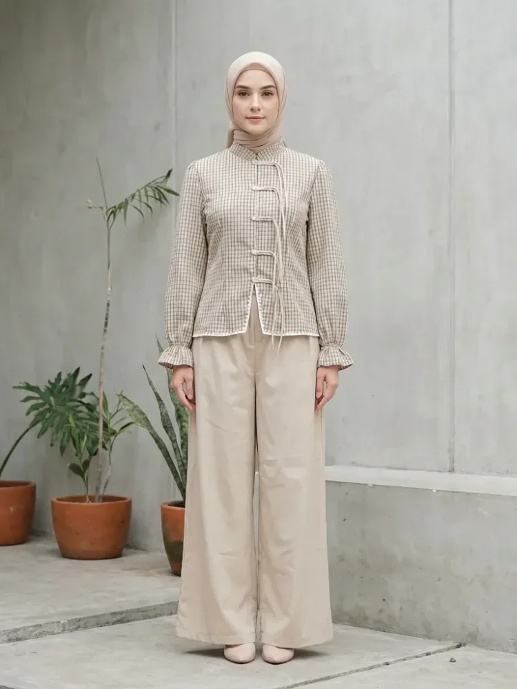 ASAYA Setelan wanita dengan lengan bell dan resleting buatan tangan bergaya minimalis warna solid