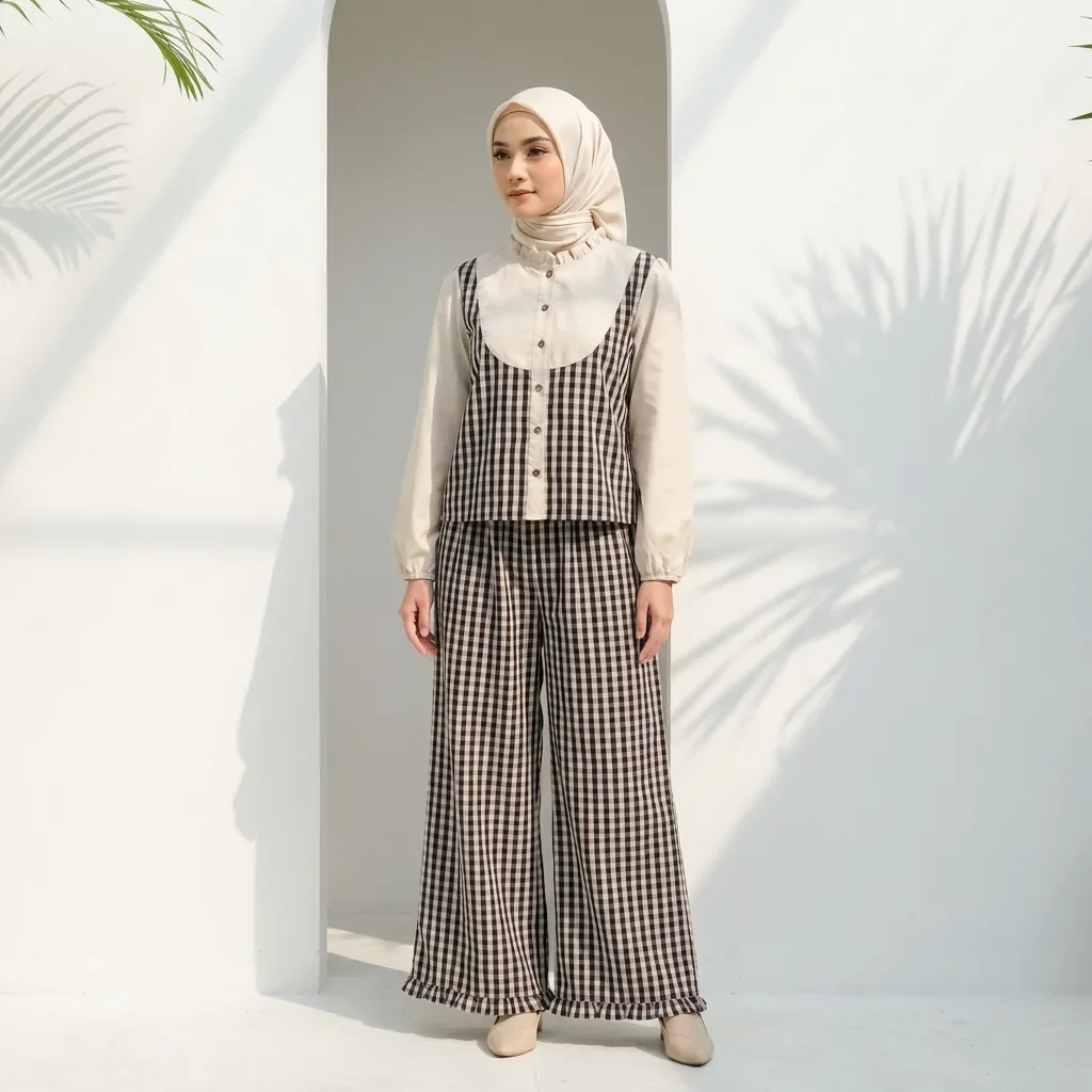 ASAYA Set kemeja dan celana panjang model lebar motif retro terbaru untuk wanita