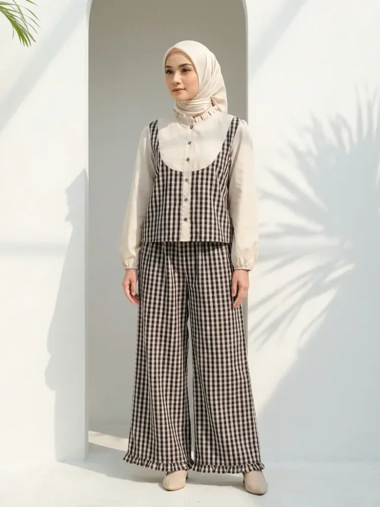 ASAYA Set kemeja dan celana panjang model lebar motif retro terbaru untuk wanita
