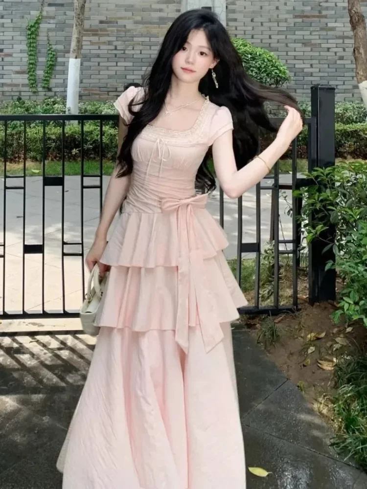 CHICMORE Gaun mode ruffle tampilan anggun kerah persegi lengan puff untuk wanita
