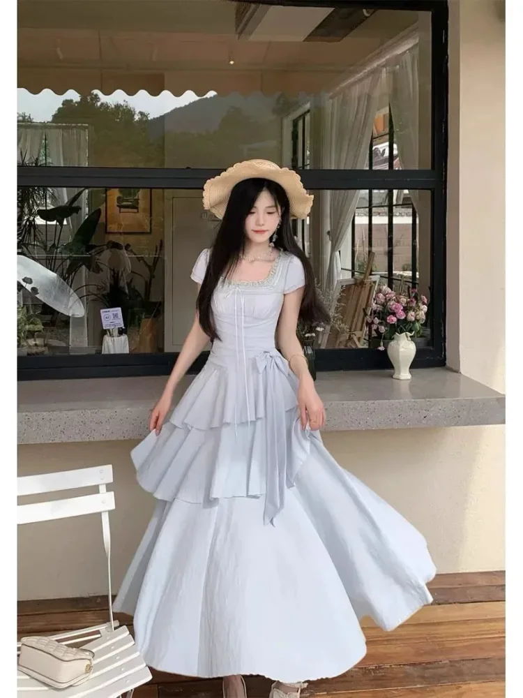 CHICMORE Gaun mode ruffle tampilan anggun kerah persegi lengan puff untuk wanita
