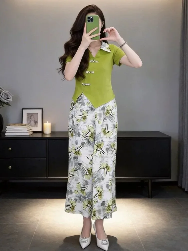 FADFAD Setelan dua potong gaya cina baru atasan lengan pendek dan celana motif kekinian