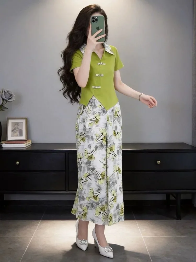FADFAD Setelan dua potong gaya cina baru atasan lengan pendek dan celana motif kekinian