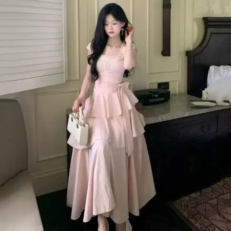 CHICMORE Gaun mode ruffle tampilan anggun kerah persegi lengan puff untuk wanita