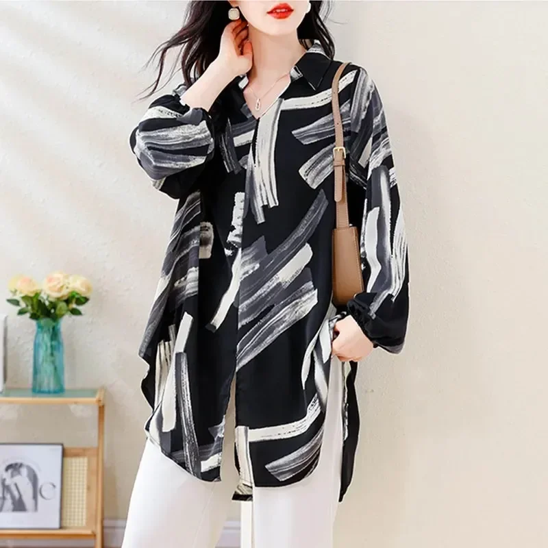 ASAYA Atasan gaya retro kerah v model longgar motif cetak untuk wanita