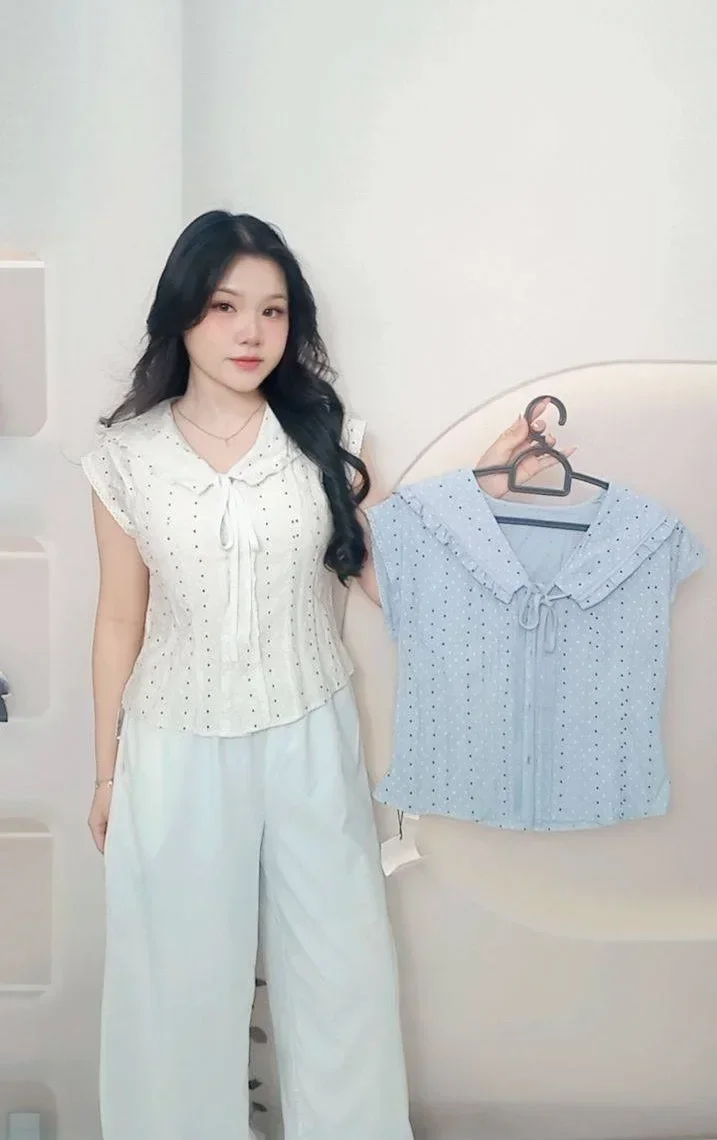 CHICMORE Atasan wanita gaya korea tanpa lengan motif polkadot dengan kerah v neck trendi