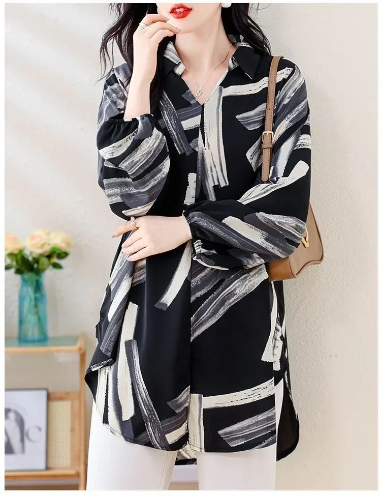 ASAYA Atasan gaya retro kerah v model longgar motif cetak untuk wanita