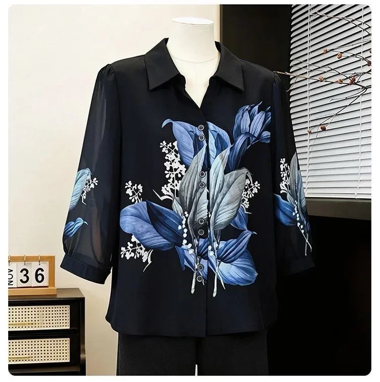 FADFAD Kemeja motif cetak unik dengan lengan tiga perempat wanita tempramen
